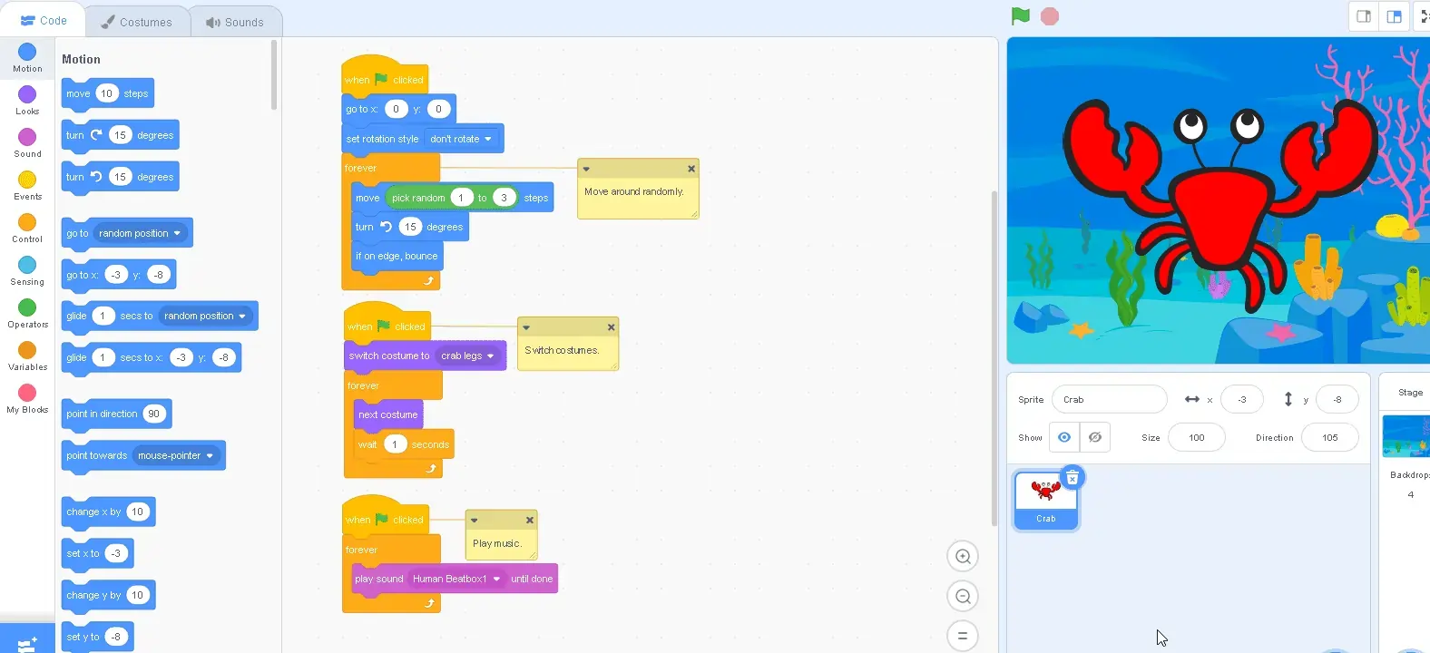 Interfaz de Scratch con bloques de programación
