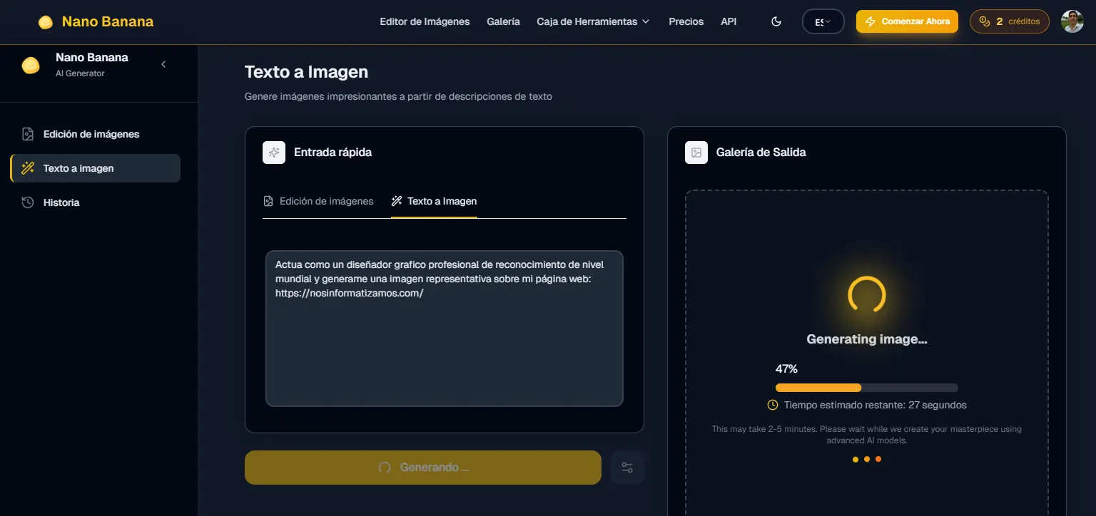 Interfaz de Nano Banana mostrando el proceso de generación de una imagen