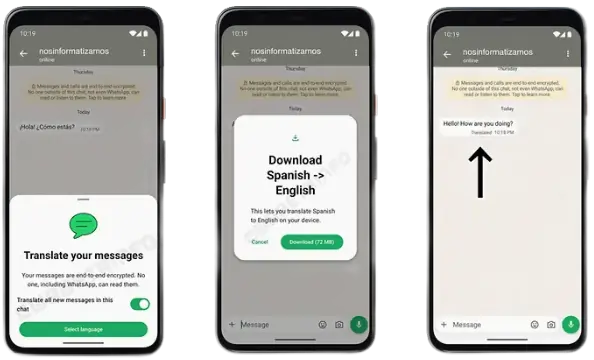 Ejemplo de traducción de un mensaje en WhatsApp