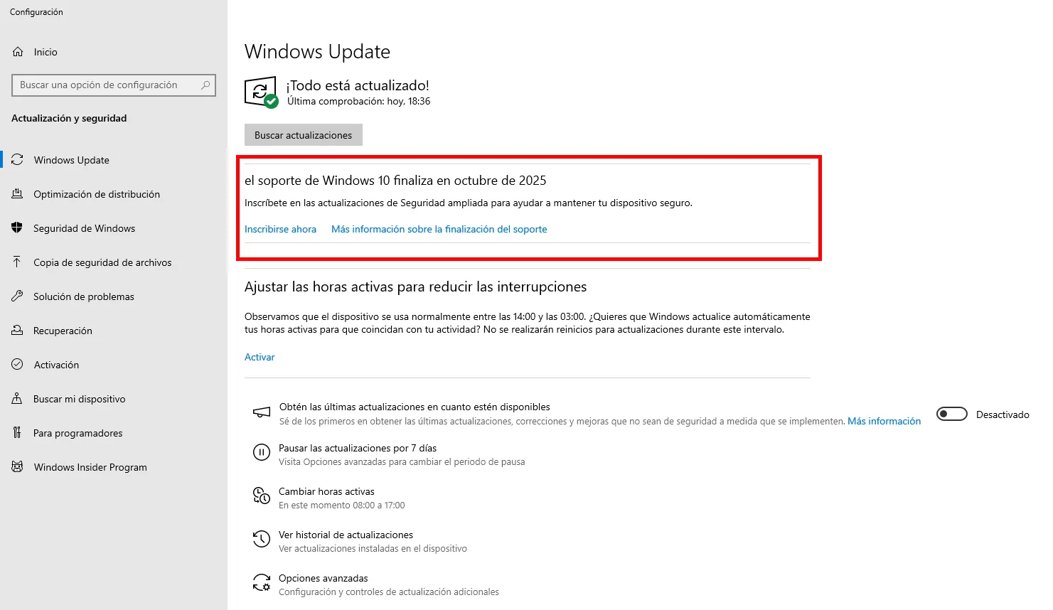 Aviso de fin de soporte de Windows 10 en Windows Update