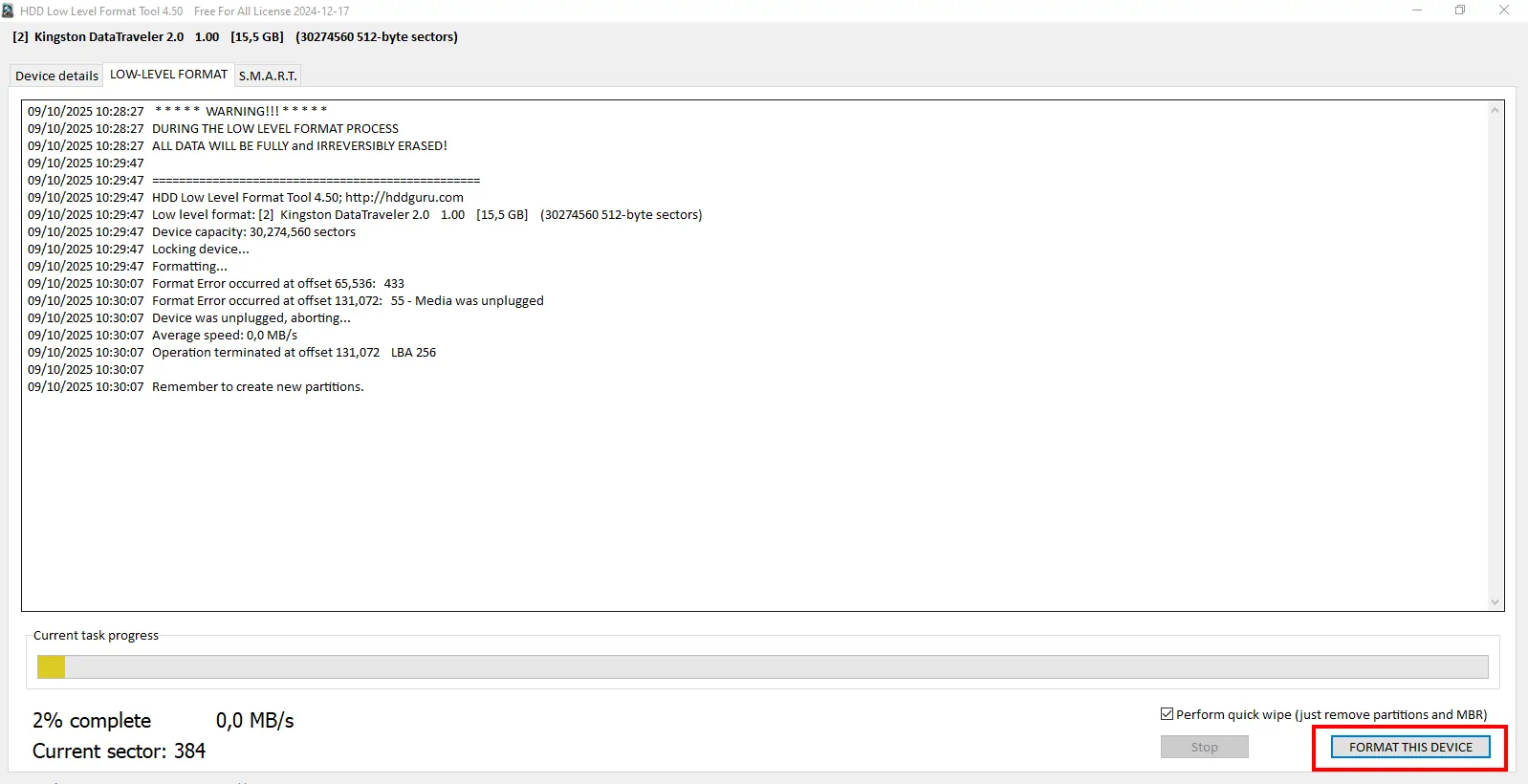 Interfaz de HDD Low Level Format Tool mostrando opciones de formateo