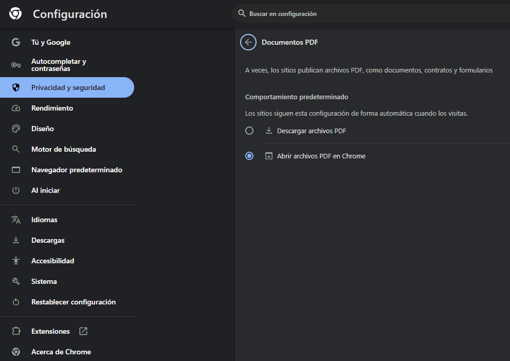 Ajuste de Chrome para abrir o descargar documentos PDF