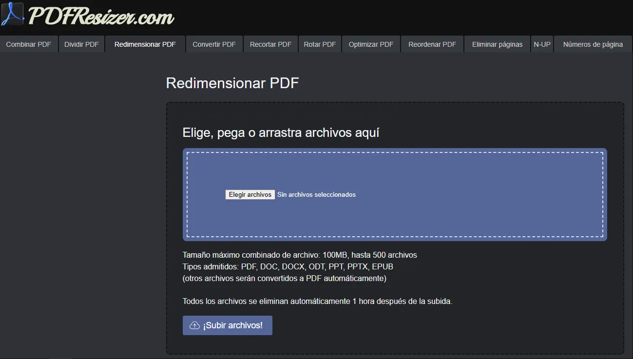Interfaz del sitio PDFResizer mostrando opciones de compresión