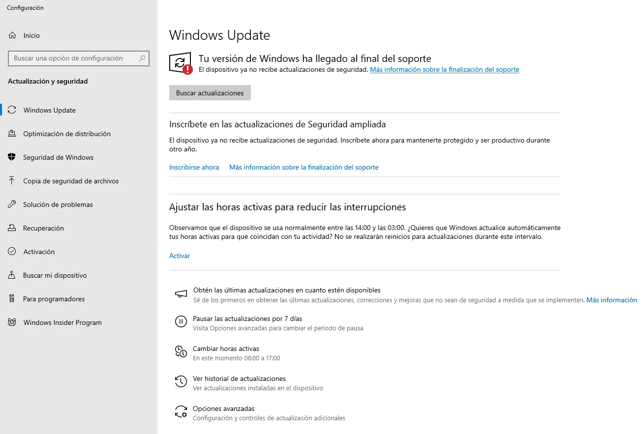 Pantalla de Windows Update mostrando el aviso de fin del soporte de Windows 10