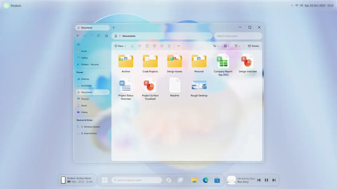 Concepto visual de escritorio de Windows 12 con estilo vidrio líquido