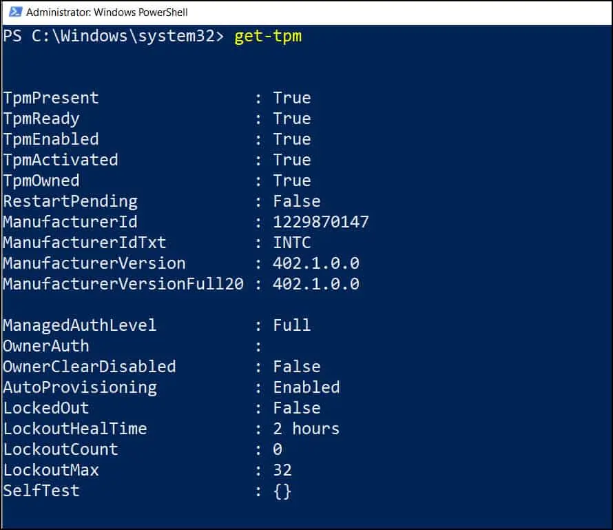 Ventana de PowerShell mostrando el comando get-tpm con TPM presente y listo