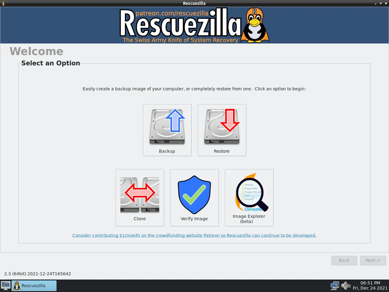 Rescuezilla en modo live mostrando opciones de Backup y Restore