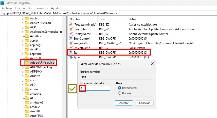 Desactivación del servicio AdobeARMservice desde el Registro de Windows.