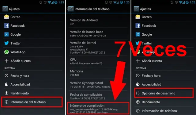 Ubicación del número de compilación dentro de la información del teléfono en Android