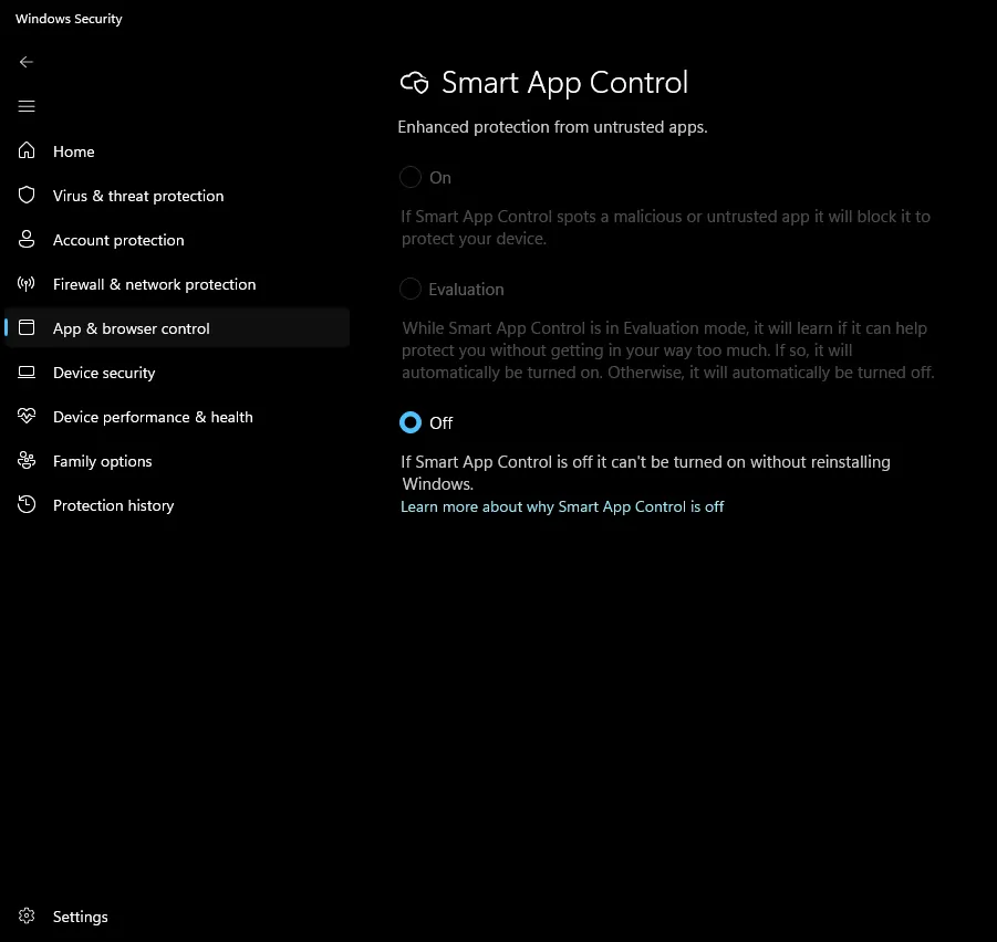 Configuración de Control inteligente de aplicaciones en Windows 11