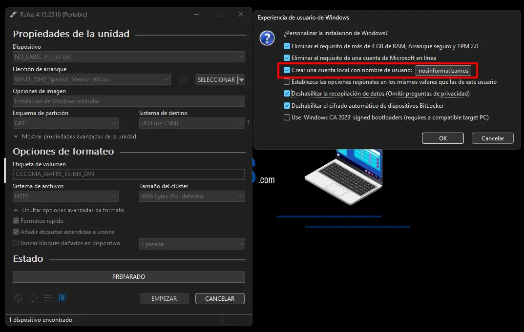 Opciones de Rufus para crear cuenta local en Windows 11