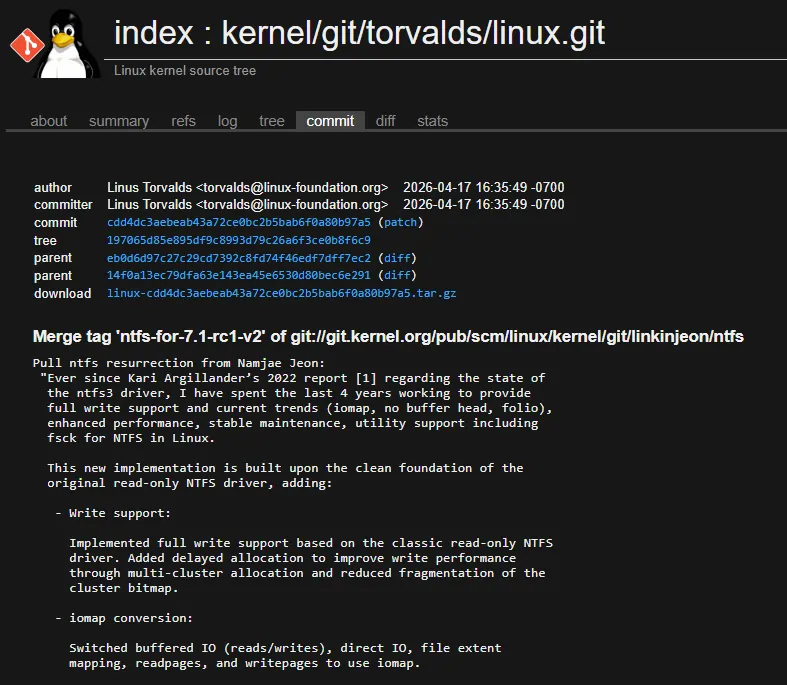 Commit del kernel Linux relacionado al driver NTFS