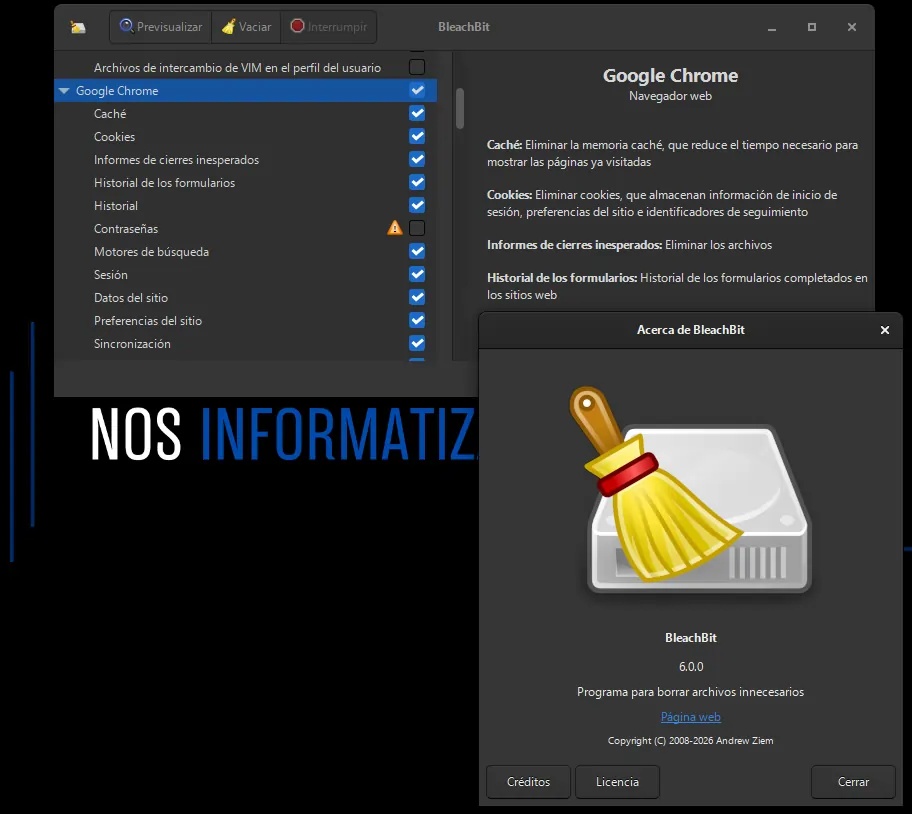 Interfaz de BleachBit mostrando opciones de limpieza del sistema