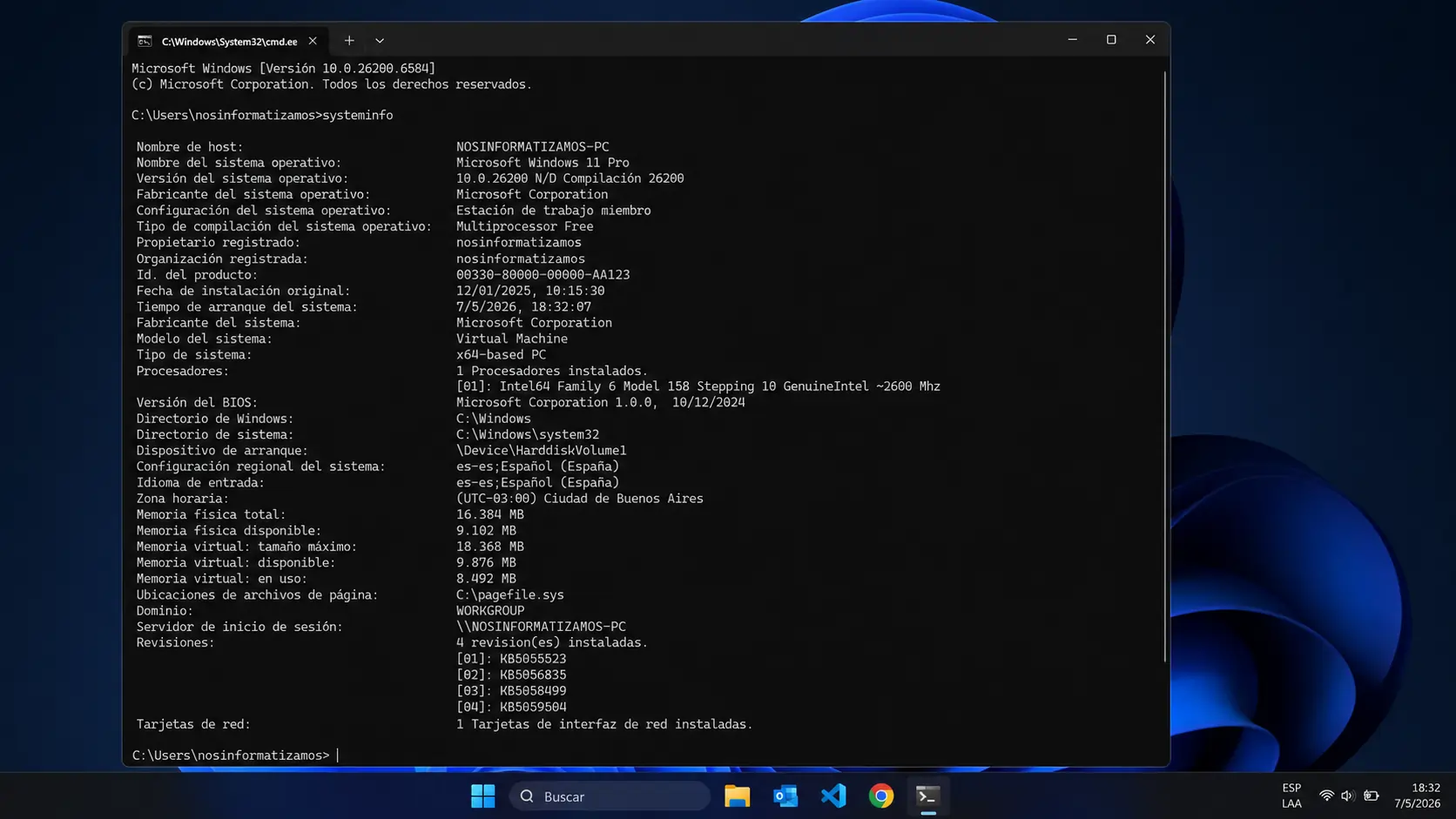 Windows Terminal ejecutando CMD con información del sistema en Windows 11