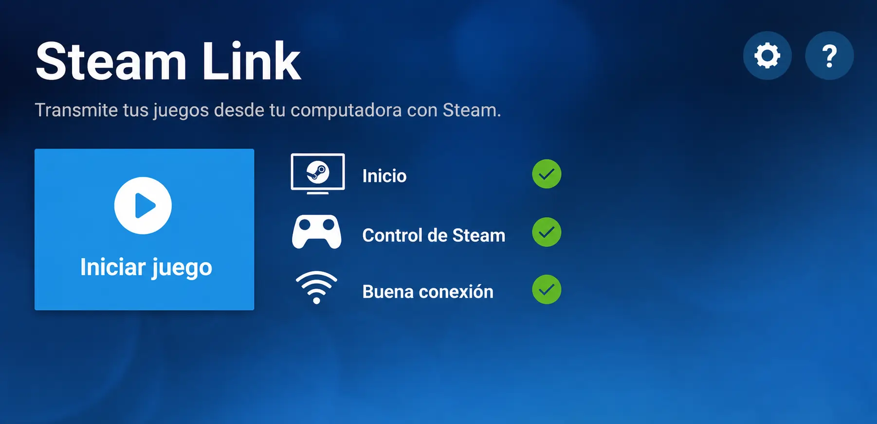Pantalla principal de Steam Link en español mostrando buena conexión y control detectado