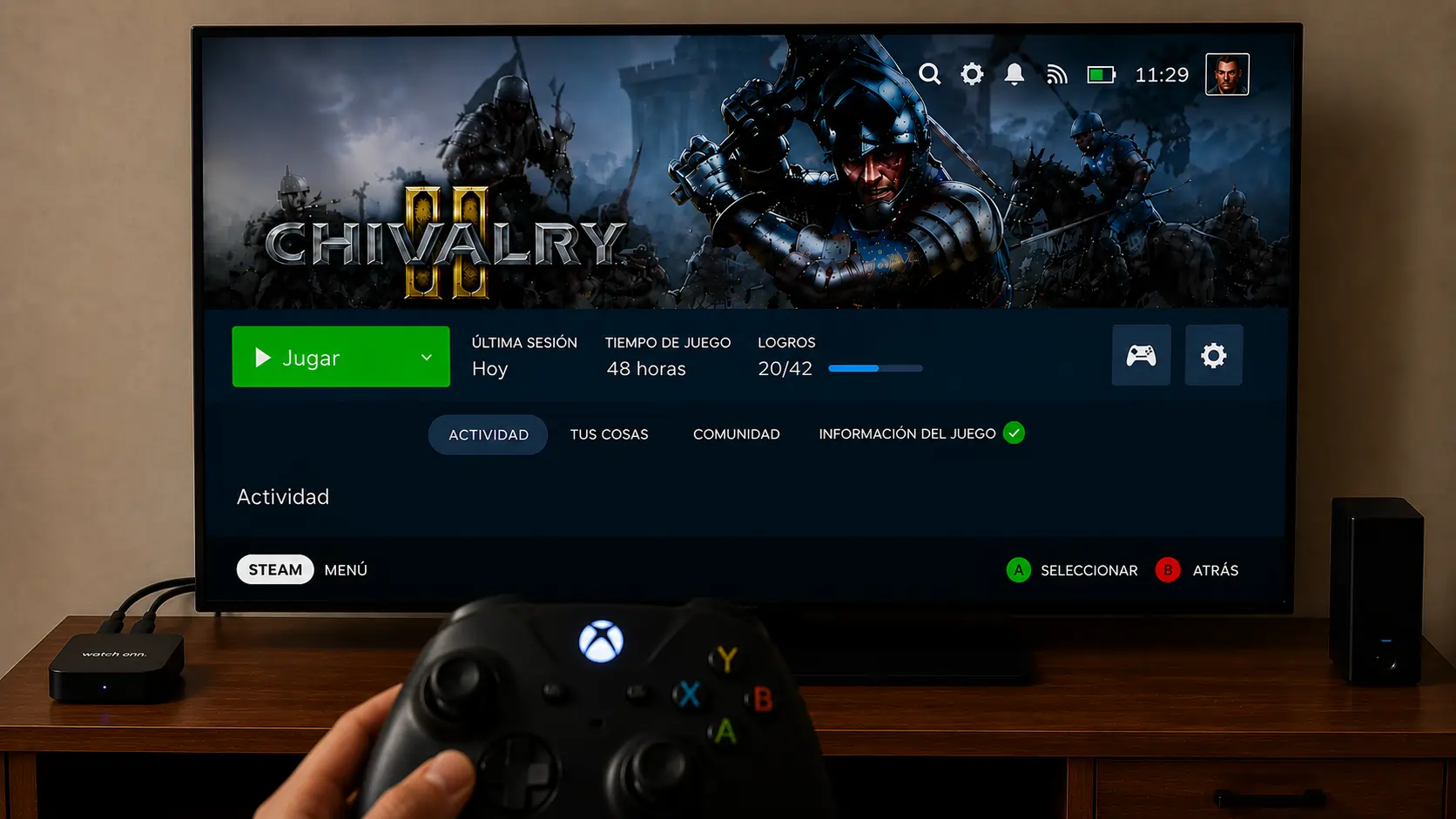 Steam Big Picture ejecutando Chivalry 2 desde el televisor con joystick Xbox