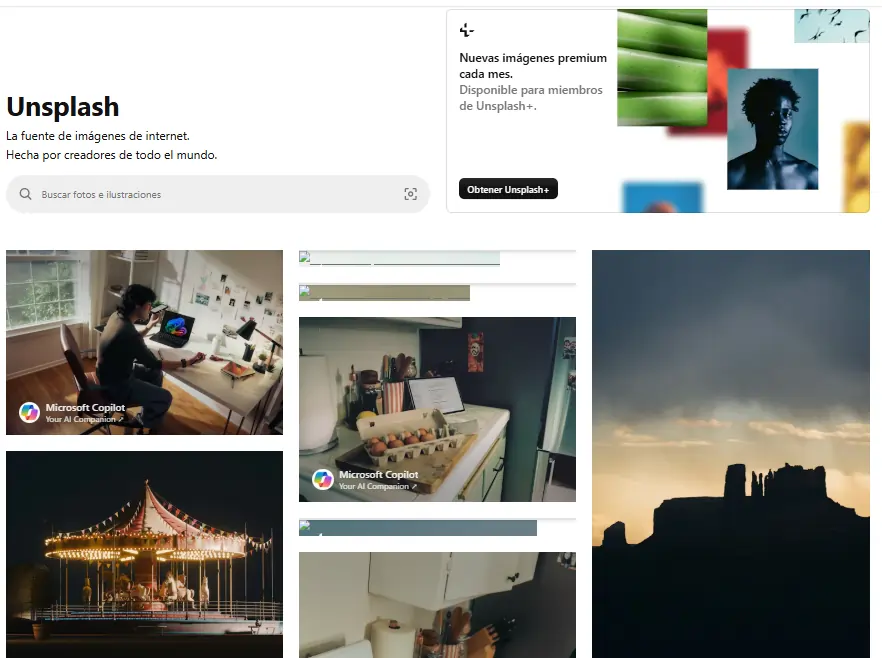 Página principal de Unsplash mostrando fotografías profesionales y contenido visual de alta calidad