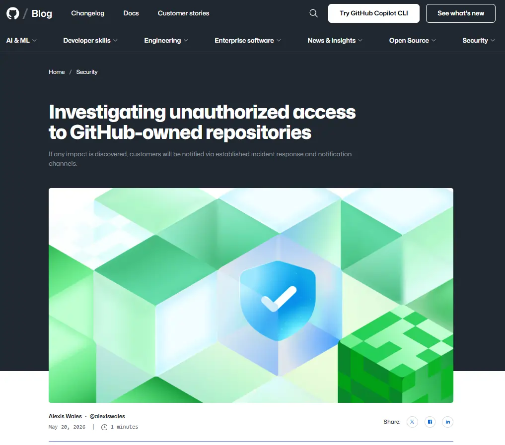 Comunicado oficial de GitHub Blog sobre el acceso no autorizado a repositorios internos de GitHub