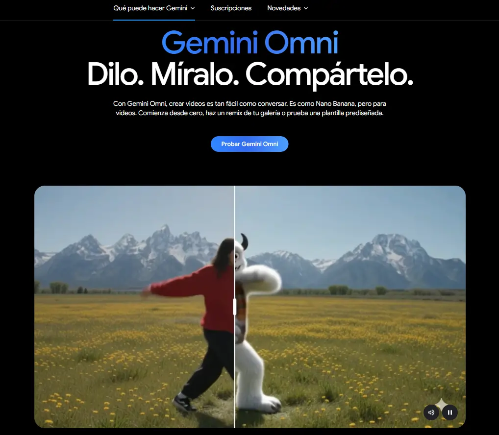 Página oficial de Gemini Omni mostrando generación de video con inteligencia artificial