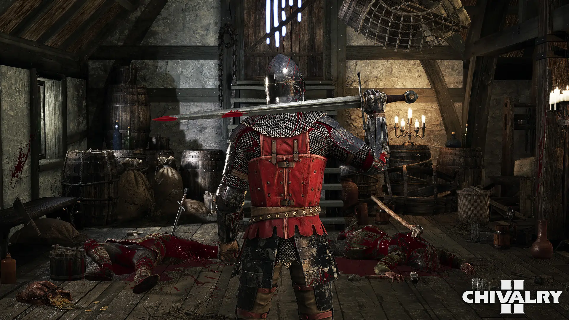 Guerrero medieval en Chivalry 2 sosteniendo una espada dentro de una escena oscura y detallada