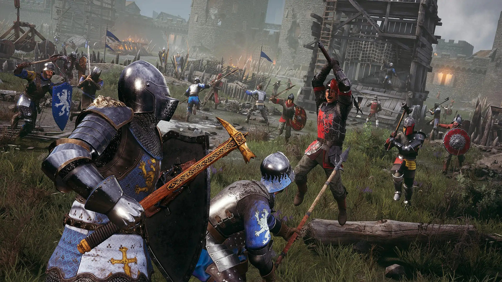 Batalla medieval masiva en Chivalry 2 con varios guerreros enfrentándose frente a un castillo