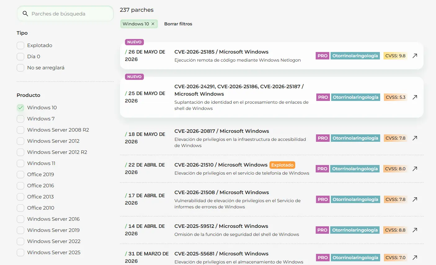 Listado de parches de 0patch filtrado por Windows 10 con vulnerabilidades CVE y niveles de severidad