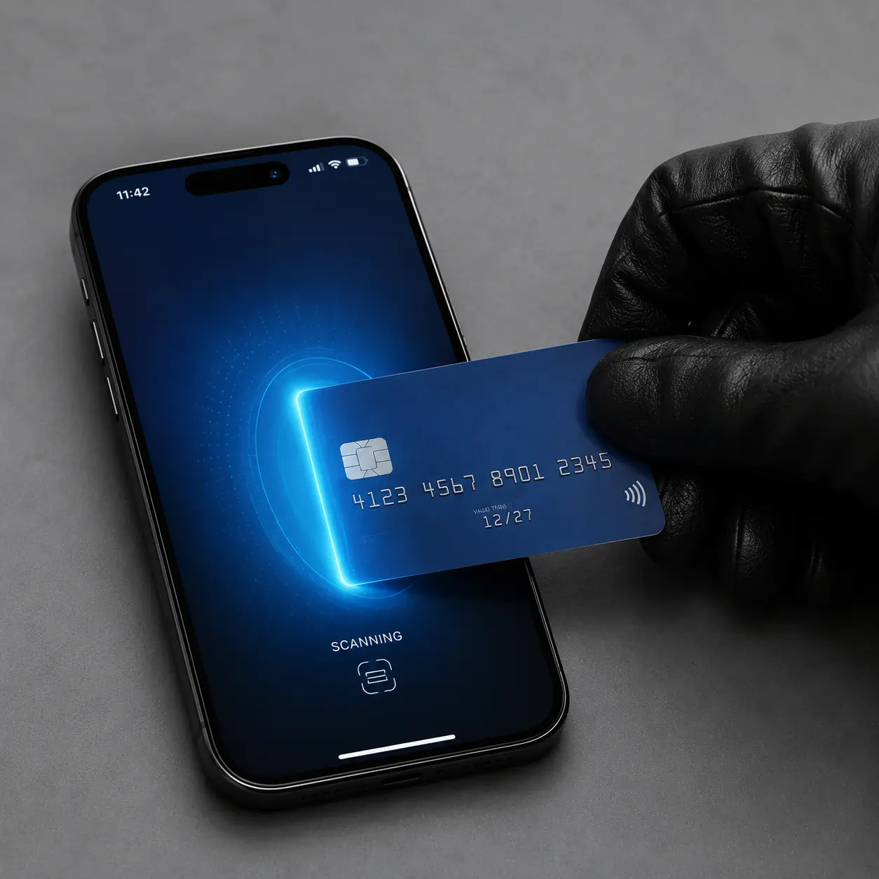 Guante negro introduciendo una tarjeta bancaria física en un celular encendido que simula el robo digital de datos