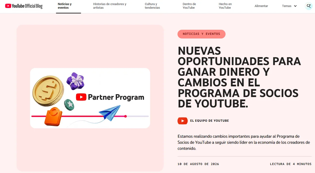Anuncio oficial de YouTube sobre los nuevos requisitos del Programa para Partners
