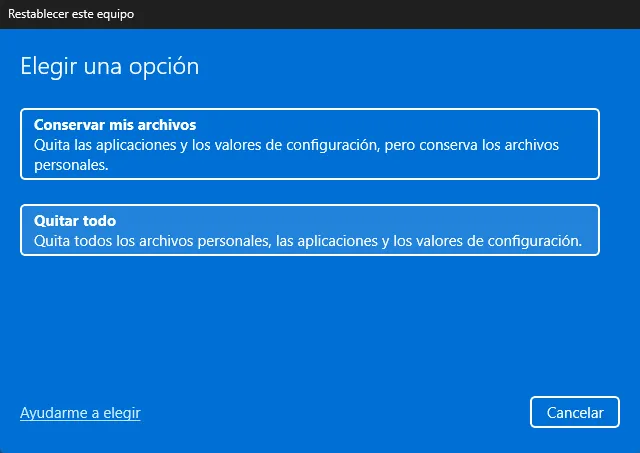 Pantalla de Windows 11 con las opciones Conservar mis archivos y Quitar todo