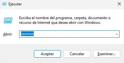 Ventana Ejecutar de Windows con el comando resmon
