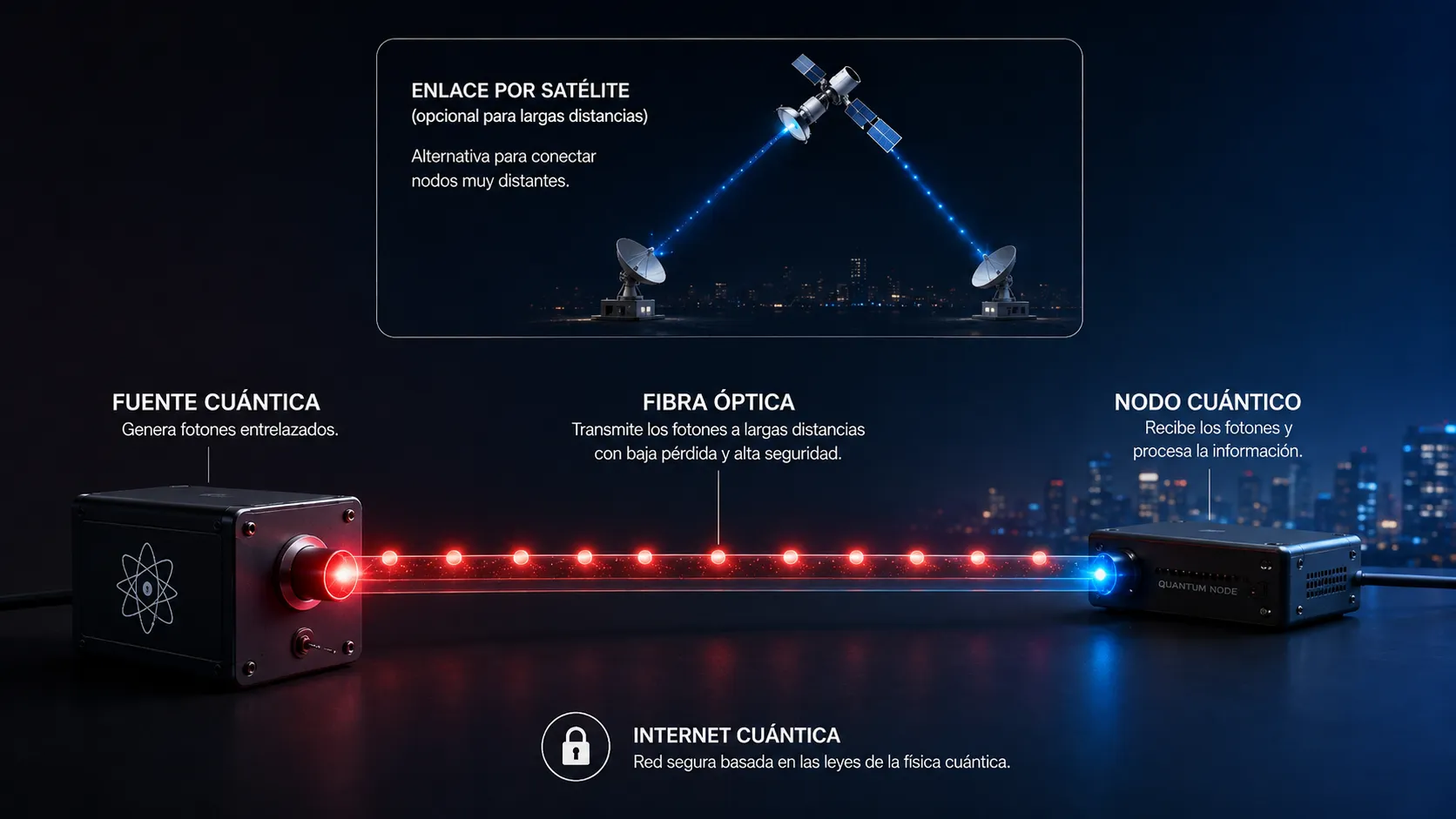 Esquema de una red cuántica mediante fibra óptica y enlace opcional por satélite