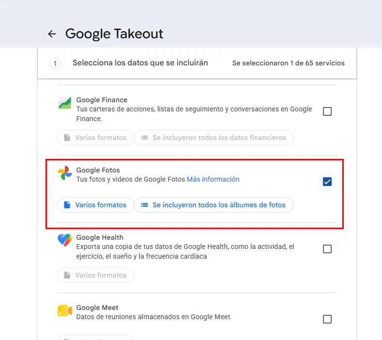 Google Takeout con Google Fotos seleccionado para exportar fotos y videos