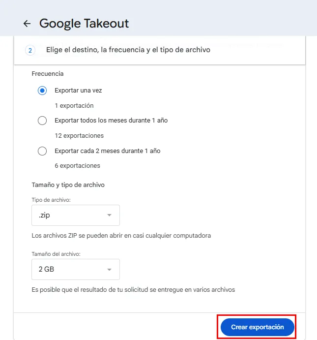 Configuración de Google Takeout para exportar una vez en formato zip y crear la exportación