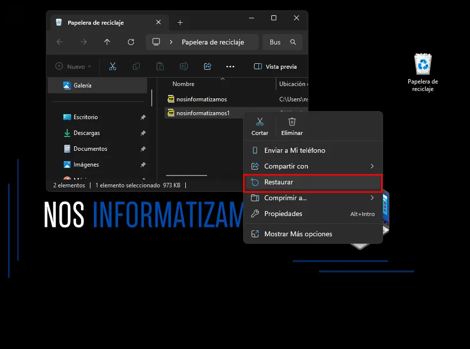 Papelera de reciclaje de Windows mostrando la opción Restaurar sobre un archivo eliminado