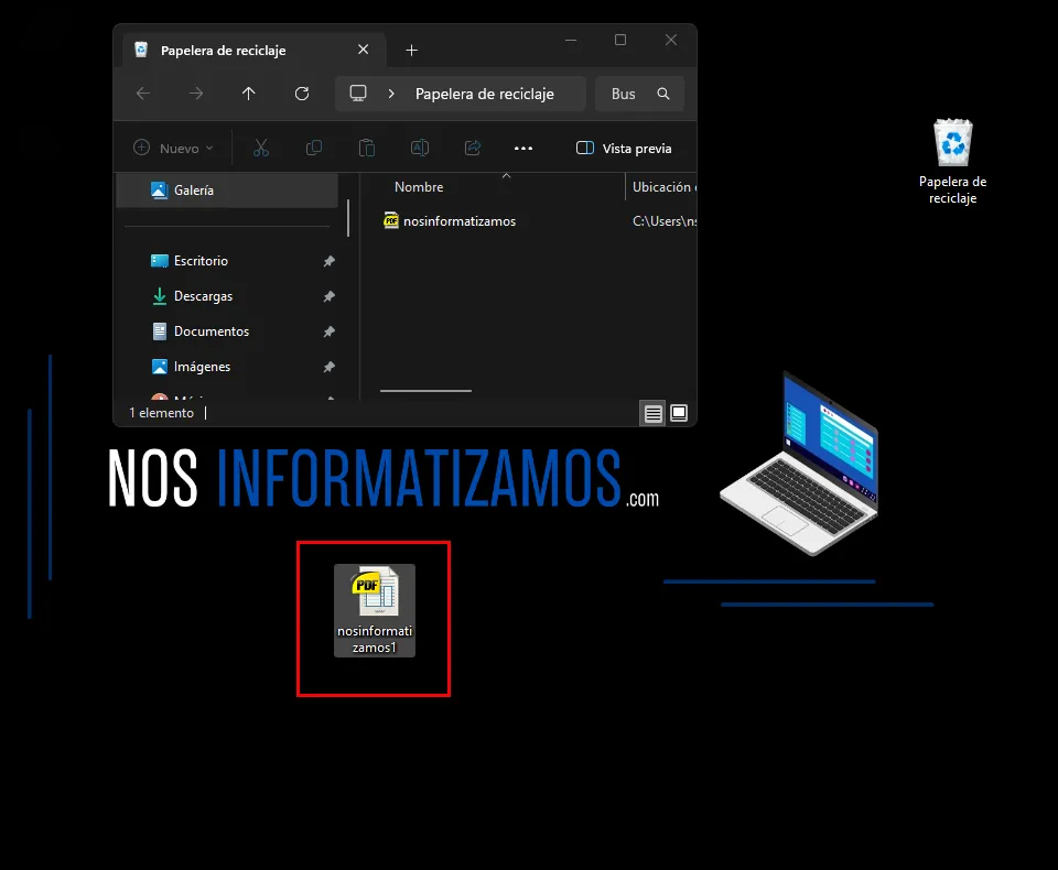 Explorador de archivos de Windows mostrando un archivo restaurado nuevamente en su carpeta original