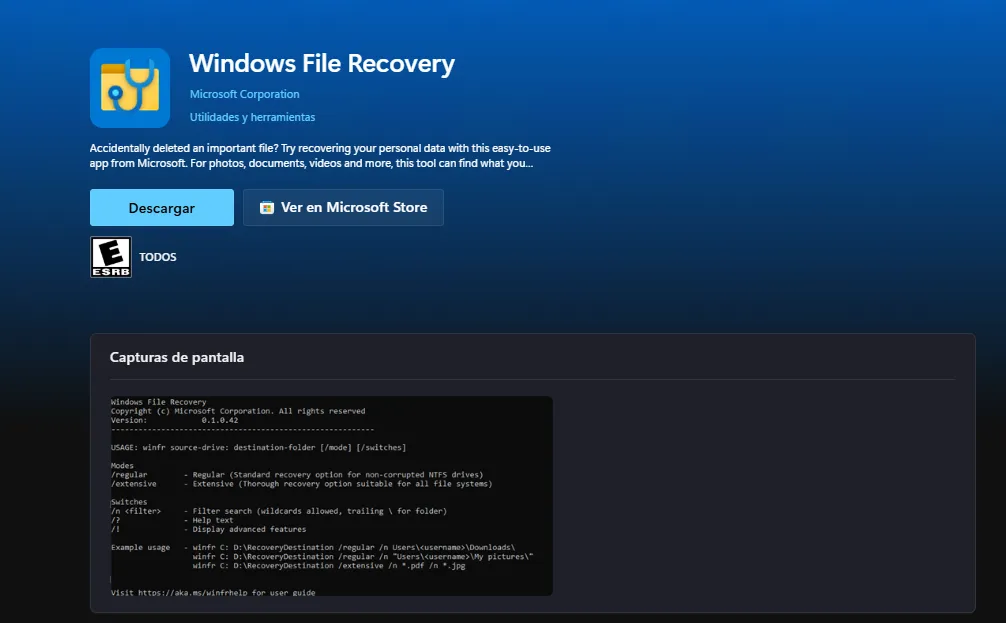 Página de Windows File Recovery en Microsoft Store mostrando la herramienta oficial de Microsoft para recuperar archivos eliminados