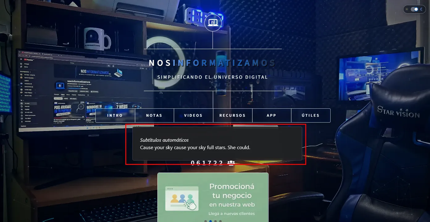 Ventana flotante de subtítulos automáticos de Google Chrome apareciendo sobre una página web