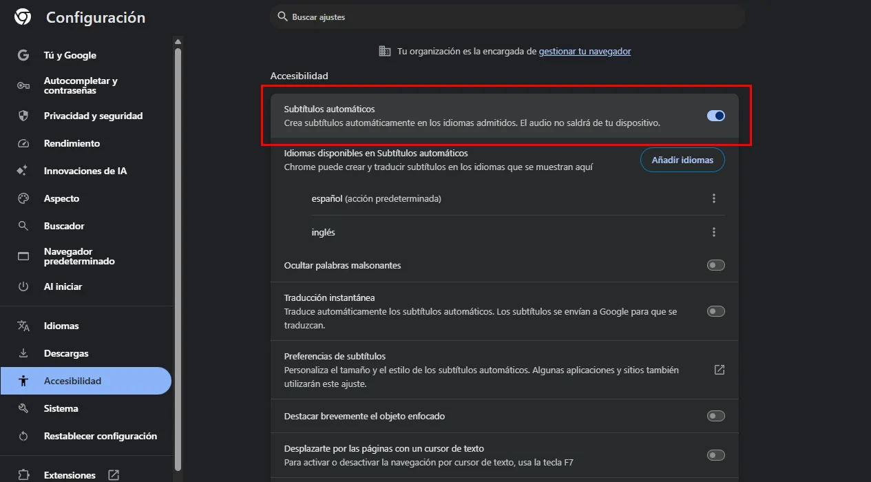 Configuración de accesibilidad de Google Chrome mostrando los subtítulos automáticos activados