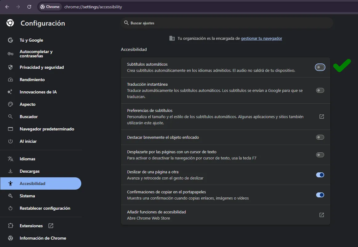 Subtítulos automáticos desactivados desde la configuración de accesibilidad de Google Chrome