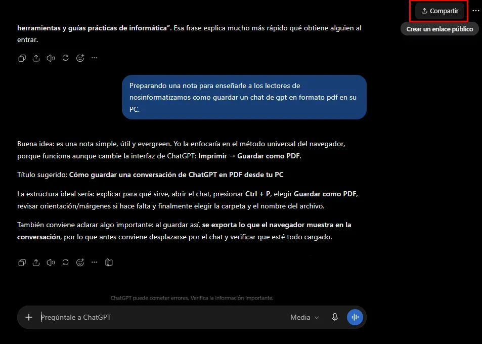 Botón Compartir de ChatGPT utilizado para crear un enlace público de una conversación