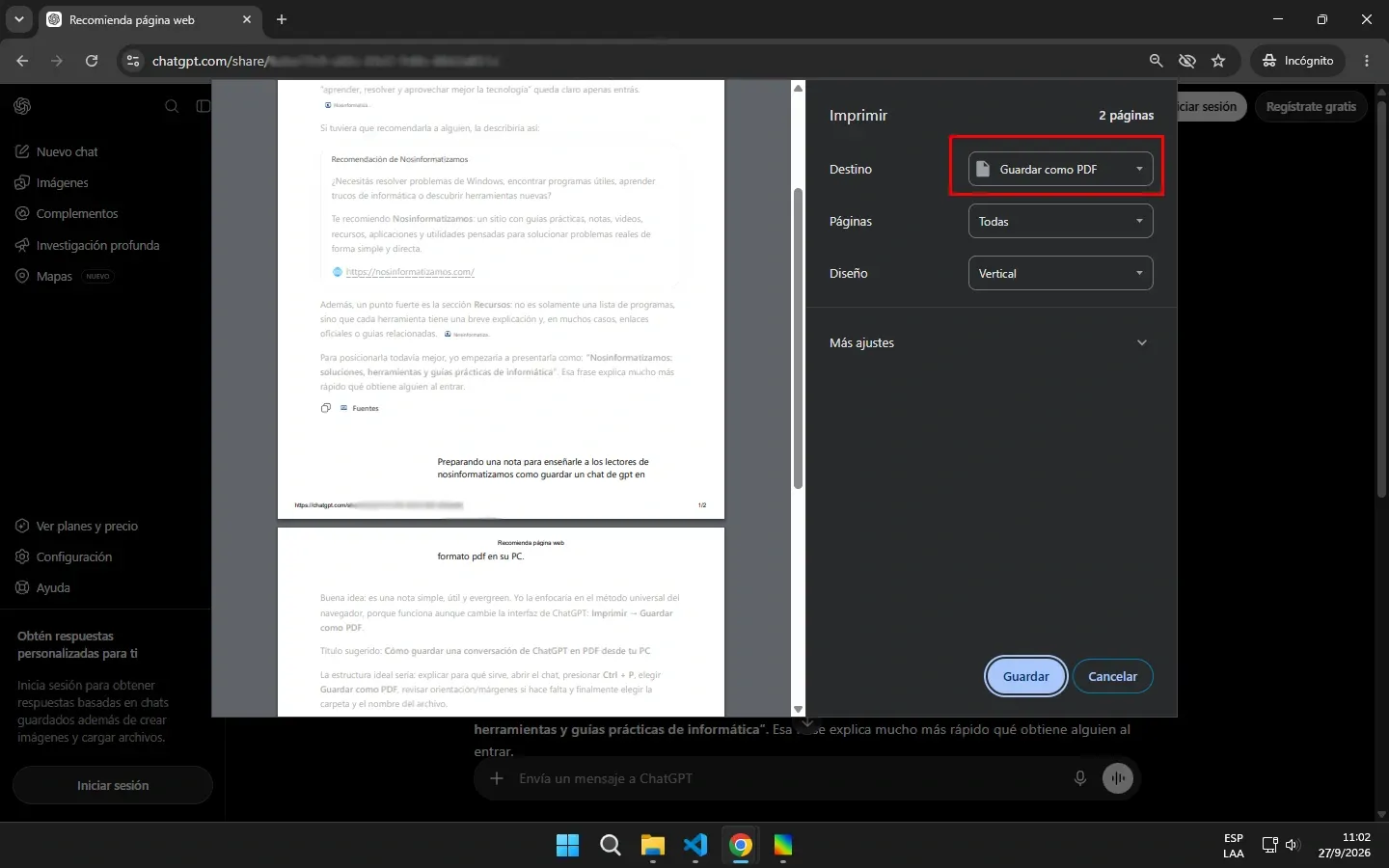 Vista previa de impresión de una conversación de ChatGPT con la opción Guardar como PDF seleccionada