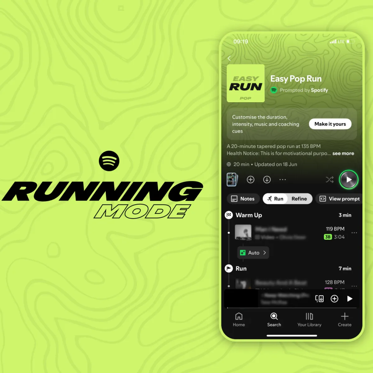 Spotify Running Mode mostrando opciones para configurar una sesión de entrenamiento