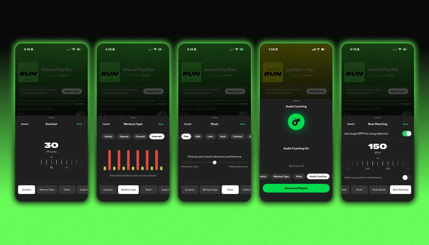 Spotify Running Mode mostrando una sesión musical adaptada al ritmo de carrera